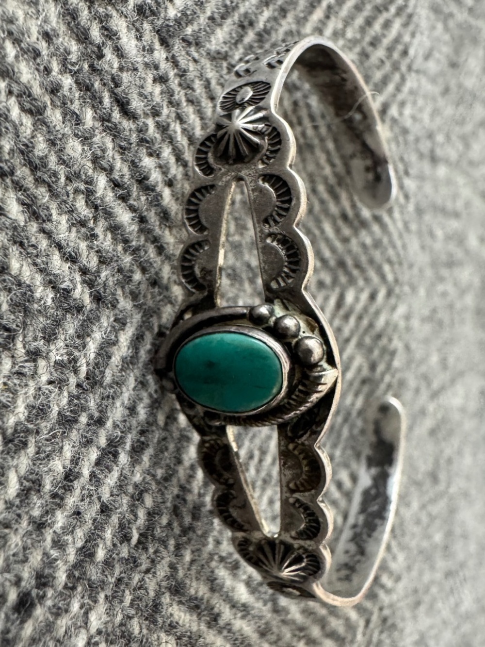 VINTAGE, STERLING SILVER CUFF WITH TURQUOISE AND STAMPED DESIGNS